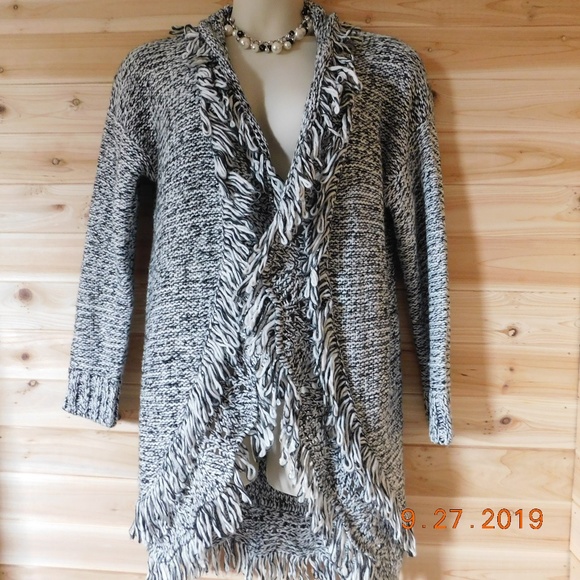 Bethany Mota Sweaters - Black/ White open Fringe long Cardigan L FREE GIFT